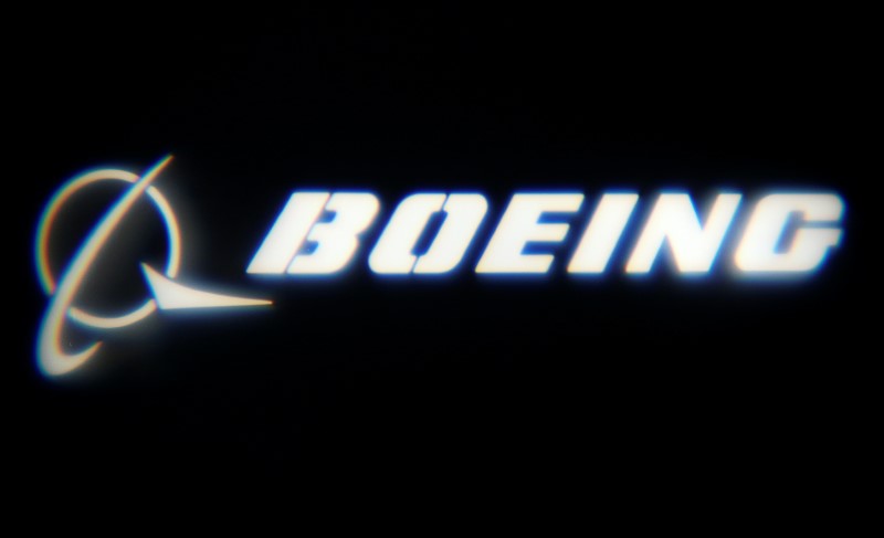© Reuters. The Boeing Company logo is projected on a wall at the